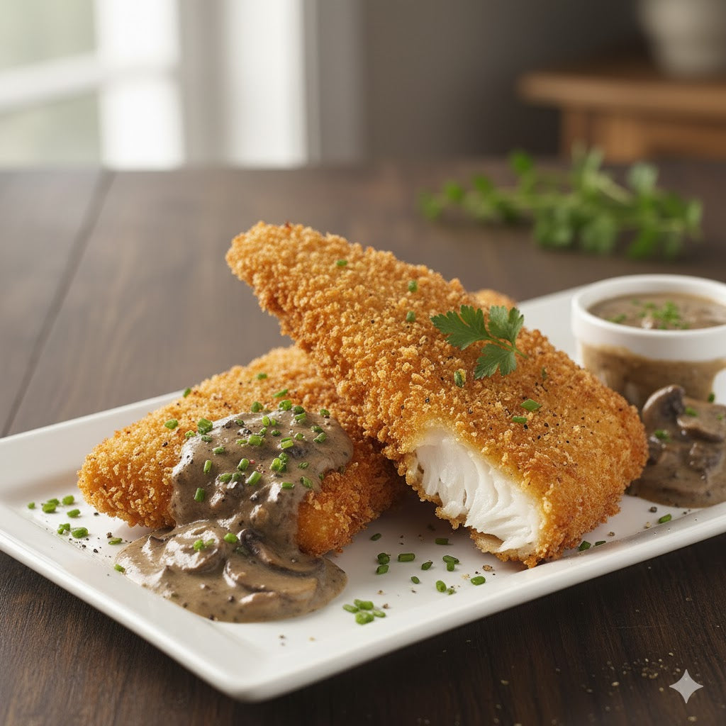 炸阿拉斯加狹鱈魚柳配黑松露蘑菇醬 (2條)