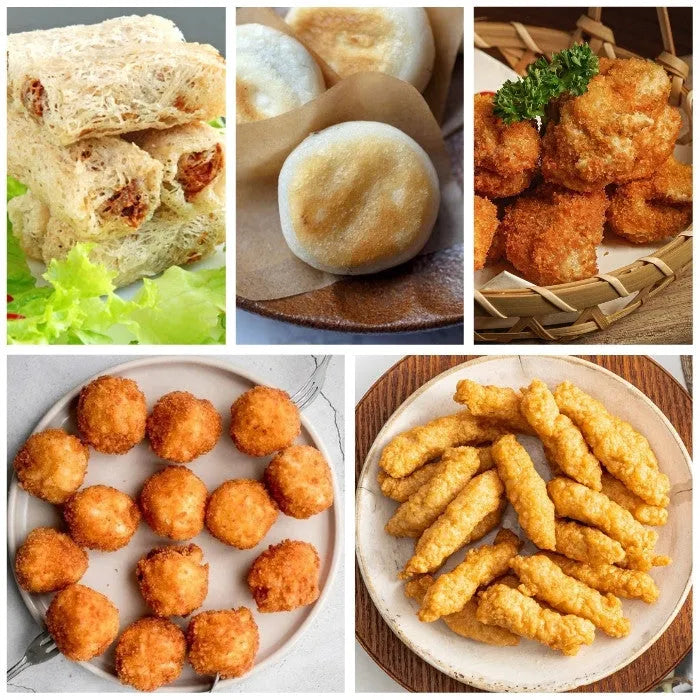 Crazy fried platter (6 pieces of crispy fried cheese, 6 pieces of flower rolls, 6 pieces of fried chicken, 6 pieces of sweet potato wire mesh rolls, 6 pieces of cheese rice cakes)