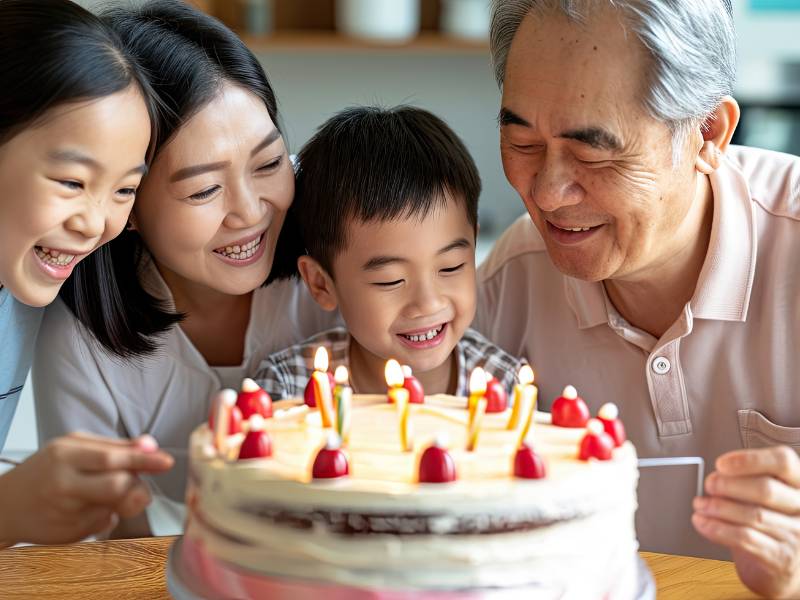 a family and the grandpa celebrating the grandson's birthday with a cake present, 家庭 到會, 家中聚餐食物, 長輩生日到會, 生日會到會推介, 一口派對小食, Food catering for elderly’s birthday, 
Chinese takeaway set meal, Western party food catering