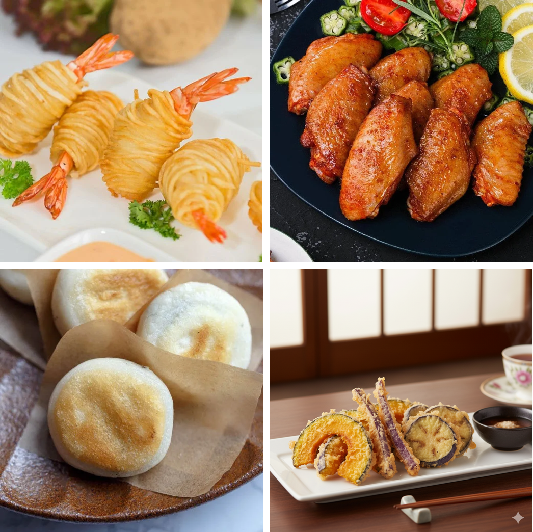 Crazy fried platter (6 pieces of crispy fried cheese, 6 pieces of flower rolls, 6 pieces of fried chicken, 6 pieces of sweet potato wire mesh rolls, 6 pieces of cheese rice cakes)