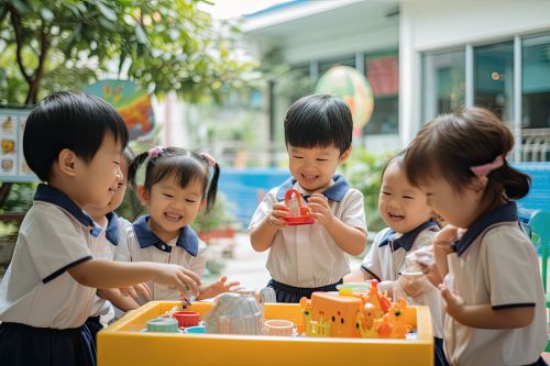 a group of kids playing with toys in uniform at a playgroup school, 幼稚園生日會小食, 生日外賣推介, 小朋友生日到會服務, 自選 到會, 小朋友到會套餐, Kindergarten birthday party snacks, child’s birthday catering services, catering meal box set